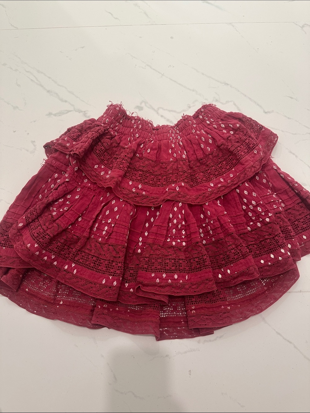 LoveShackFancy Raspberry Red Tiered Mini Skirt